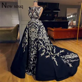 Navy Blue Evening Gown Arabic Turkish Dubai Couture Formal Pageant Dress