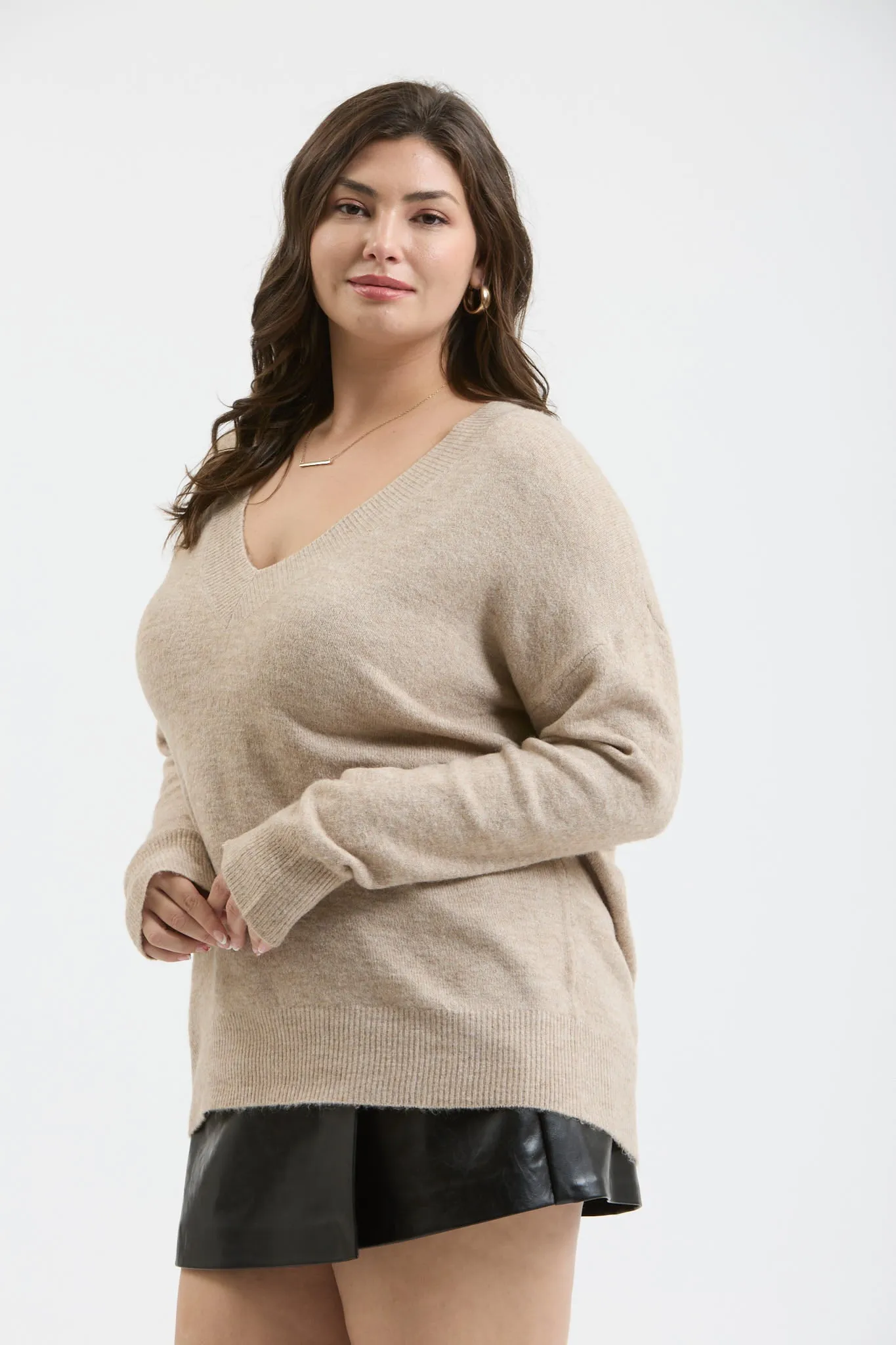 PLUS SOLID V NECK DROP SHOULDER KNIT SWEATER