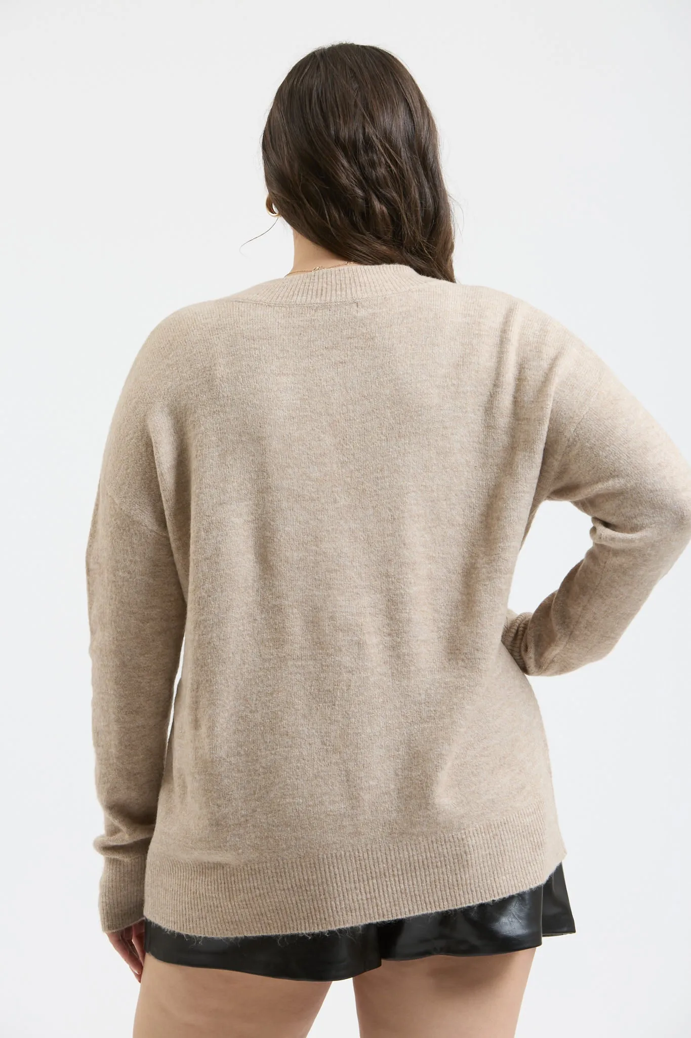 PLUS SOLID V NECK DROP SHOULDER KNIT SWEATER