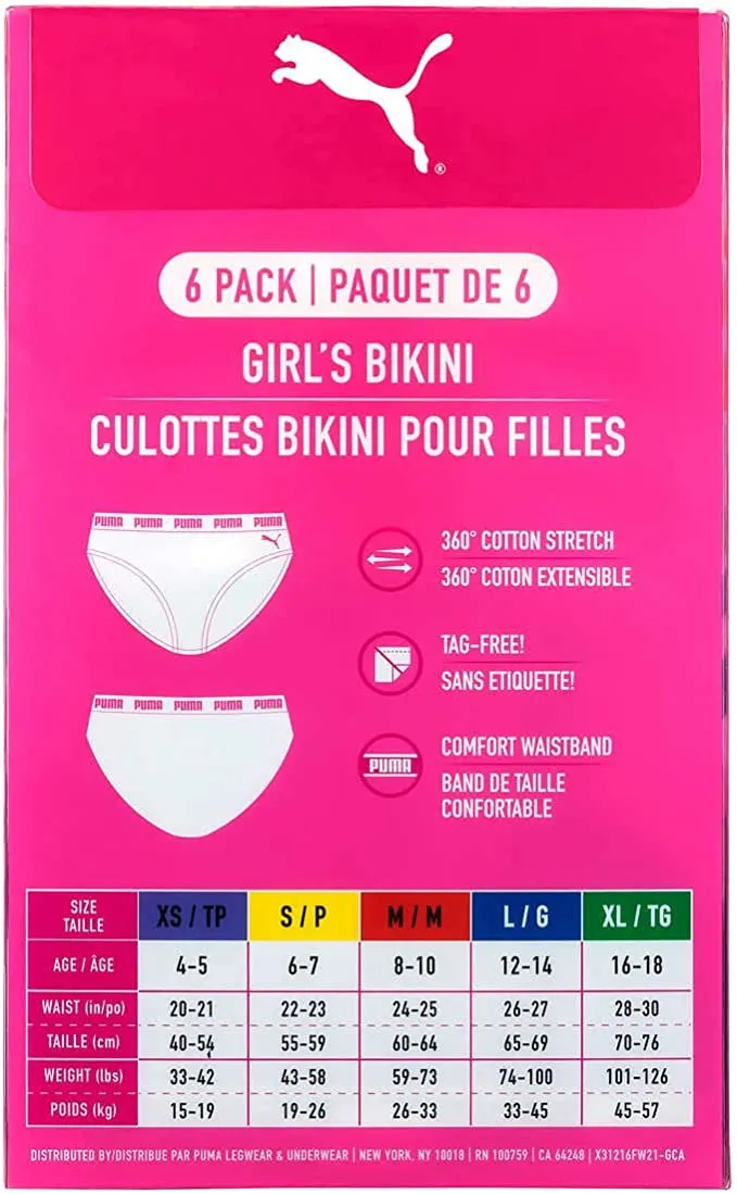 Puma Girls 6 Pack Cotton Stretch Bikini Panties, Colors: pink, orange, yellow, green, blue, purple