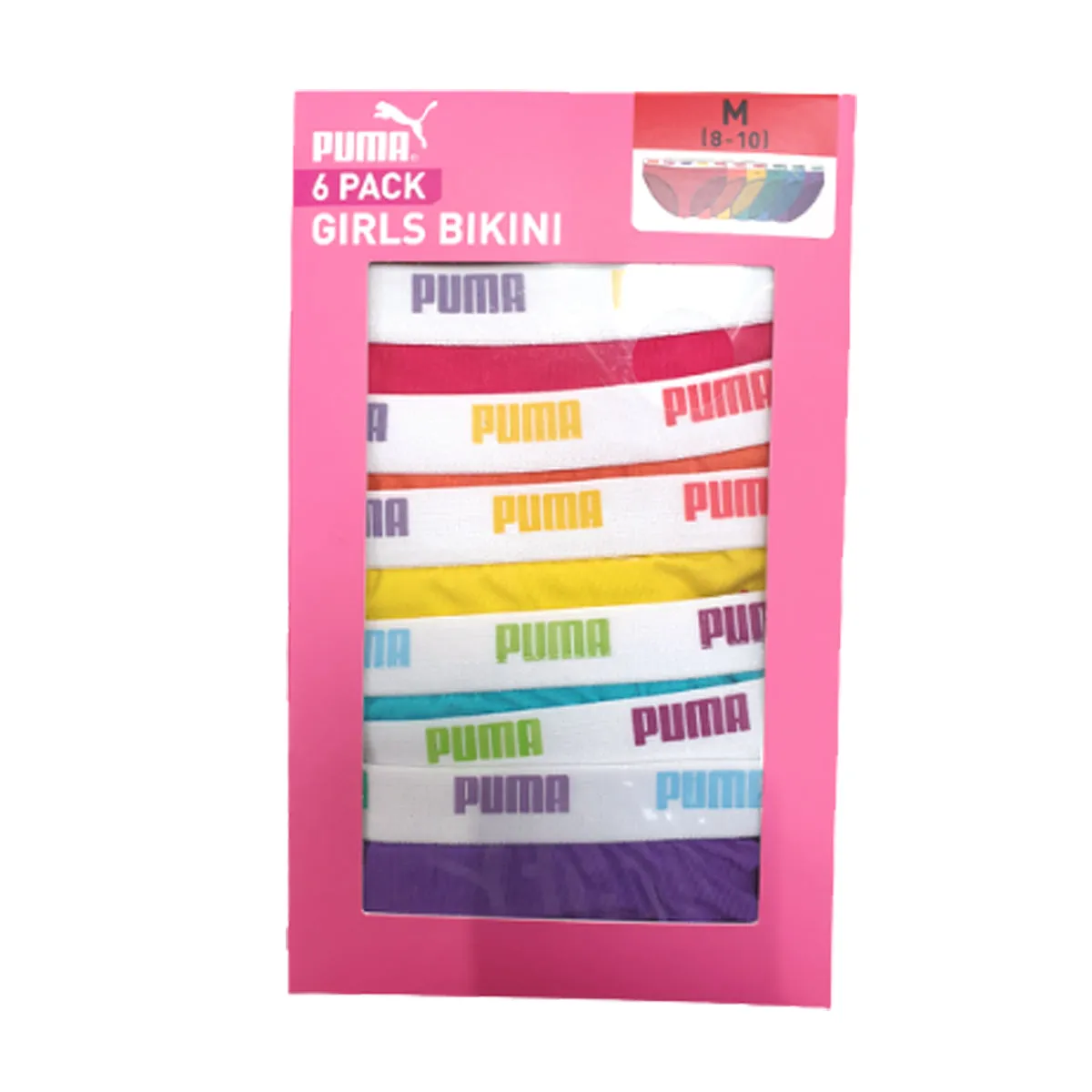 Puma Girls 6 Pack Cotton Stretch Bikini Panties, Colors: pink, orange, yellow, green, blue, purple