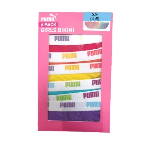 Puma Girls 6 Pack Cotton Stretch Bikini Panties, Colors: pink, orange, yellow, green, blue, purple