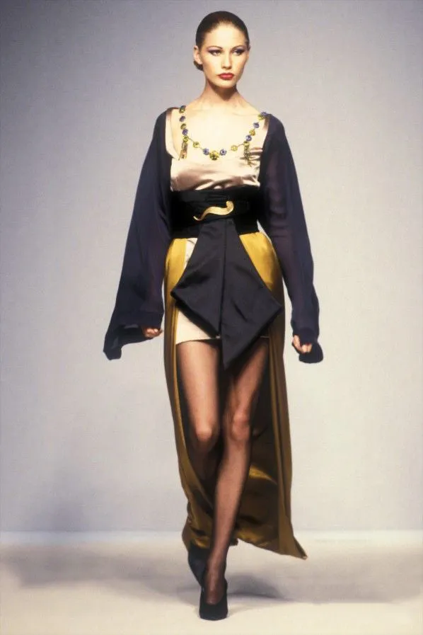 Rare Fall 1994 Guy Laroche Haute Couture Wide Sleeve High Low Dress w Cumberbund