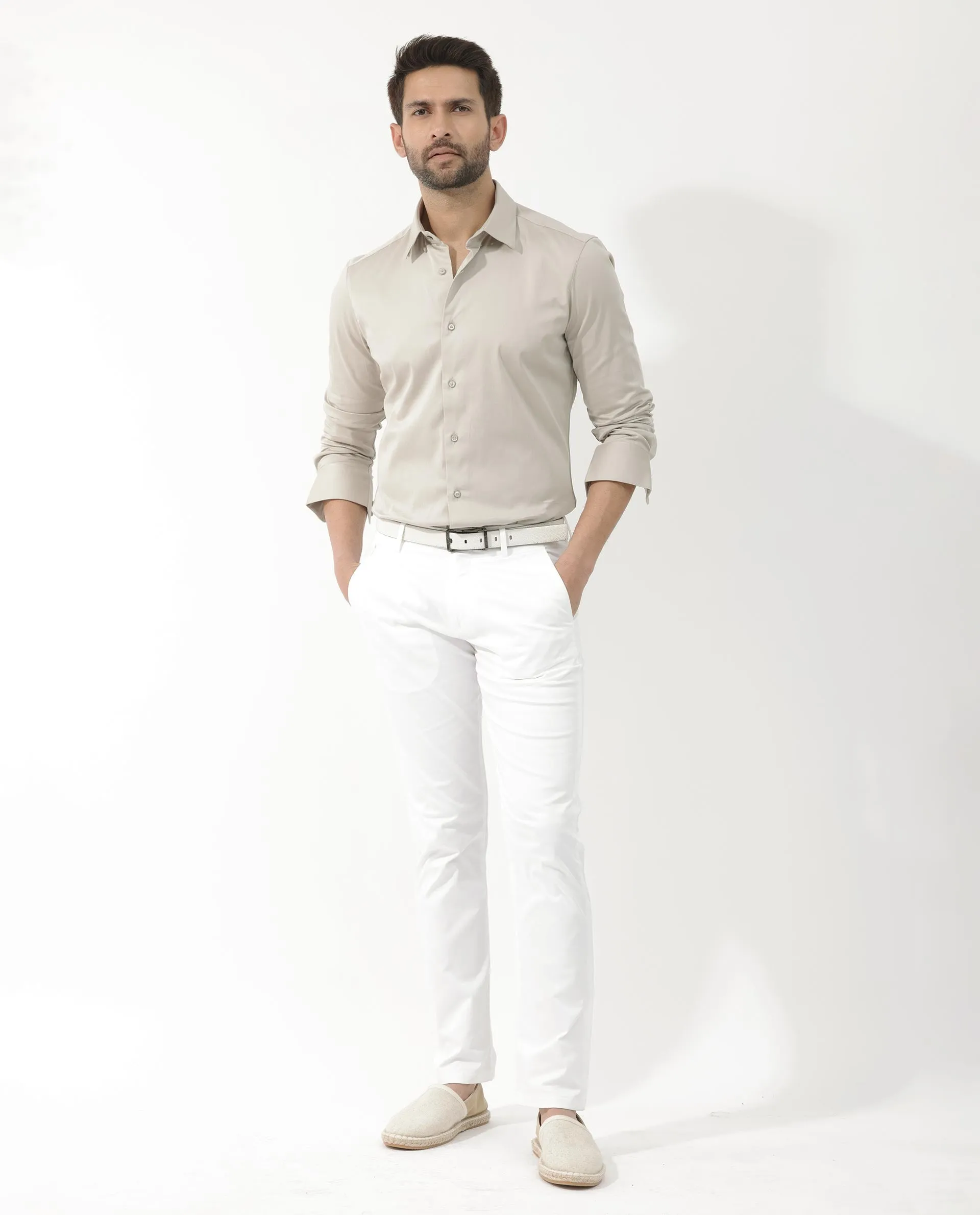 Rare Rabbit Men's Como- 4 Dusky Beige Satin Fabric Full Sleeves Solid Shirt