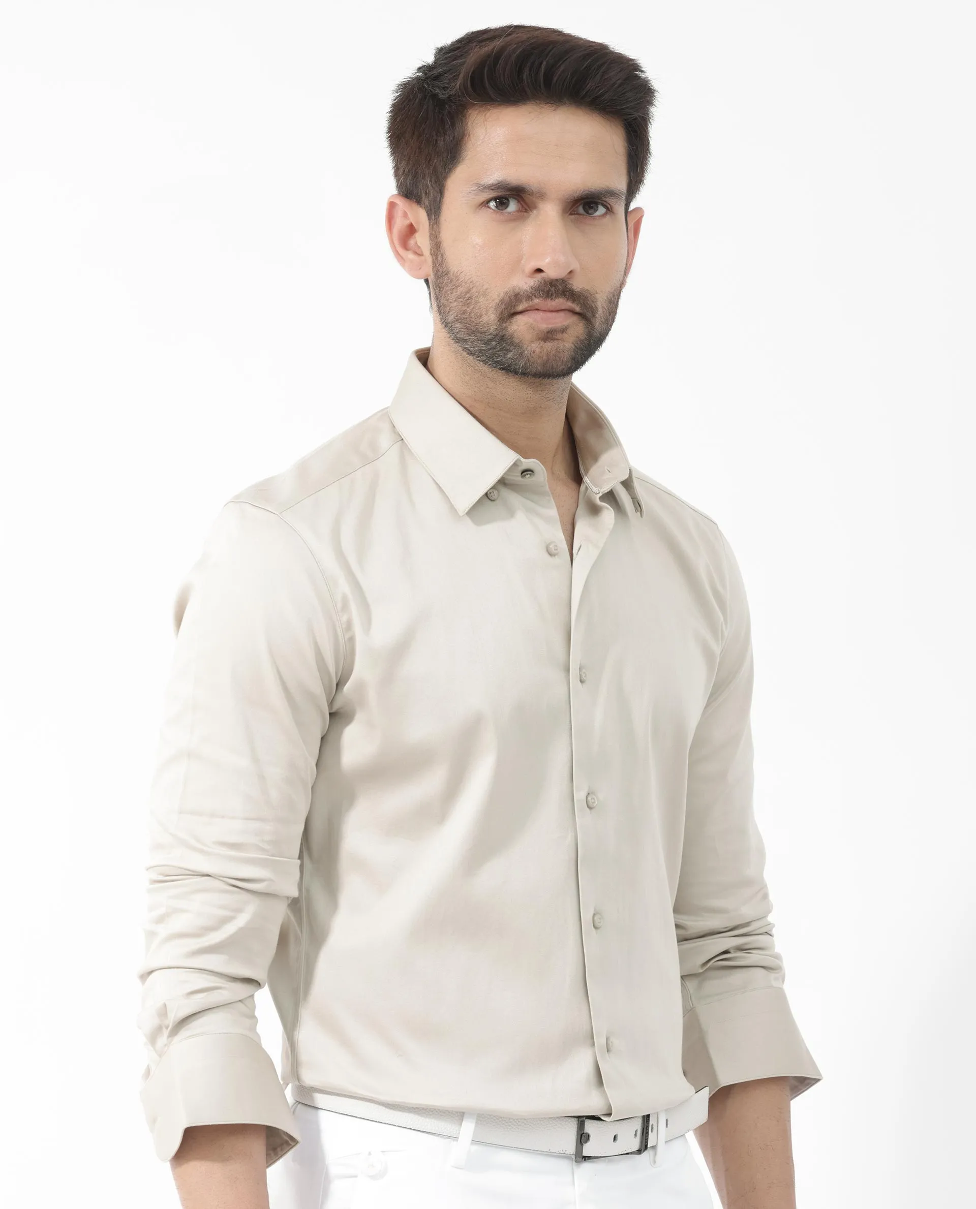 Rare Rabbit Men's Como- 4 Dusky Beige Satin Fabric Full Sleeves Solid Shirt