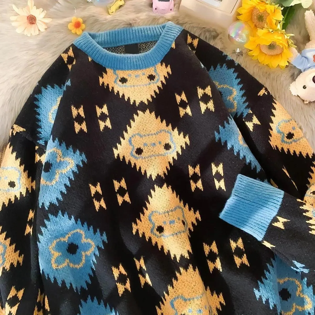 Retro Flower Butterfly Bear Sweater - Embrace Nostalgic Cuteness 🌼🦋🐻