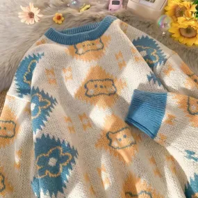 Retro Flower Butterfly Bear Sweater - Embrace Nostalgic Cuteness 🌼🦋🐻