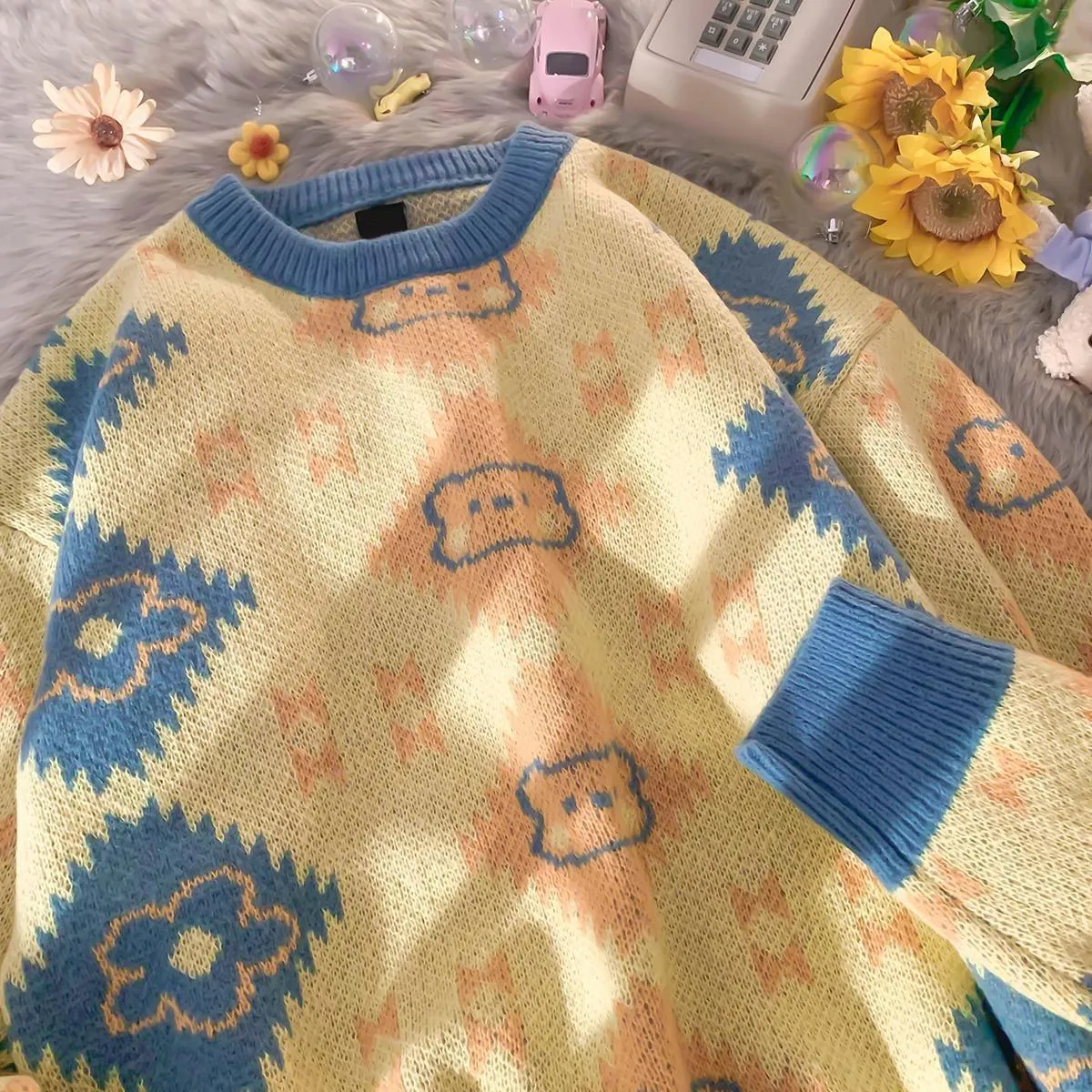 Retro Flower Butterfly Bear Sweater - Embrace Nostalgic Cuteness 🌼🦋🐻