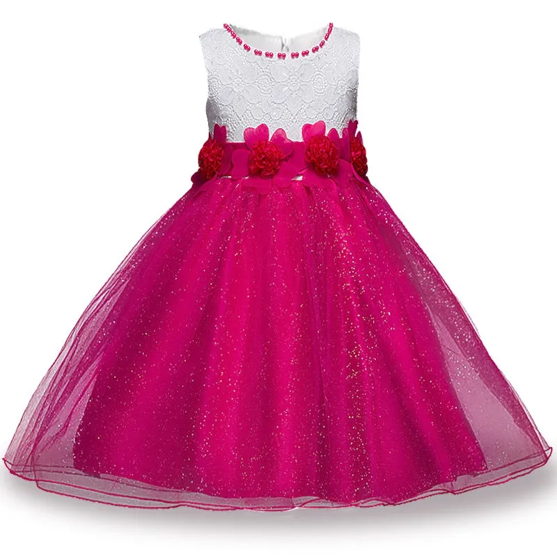 Rose Pink Beaded Flower Dress, Size 3-12 Yrs