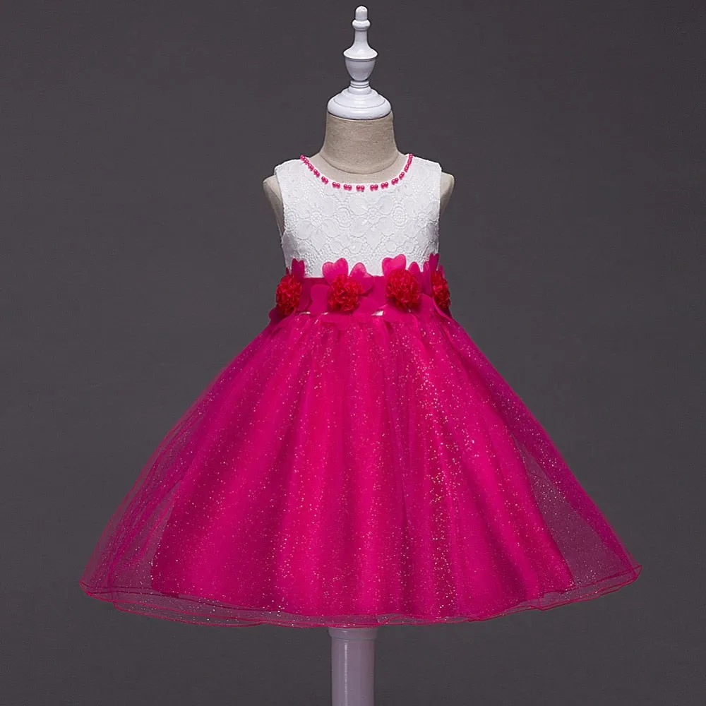 Rose Pink Beaded Flower Dress, Size 3-12 Yrs