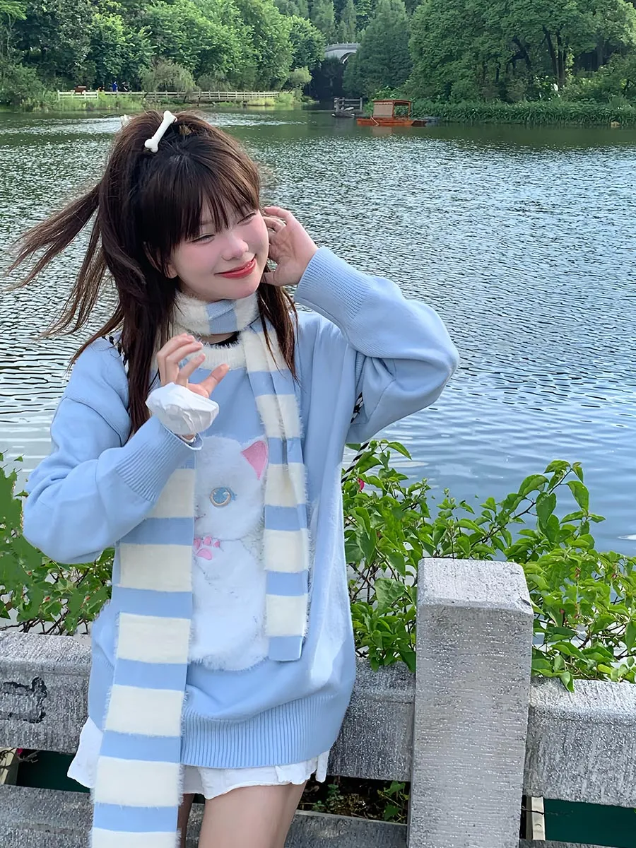 Serendipity Stars Cute Cat Pullover Knitted Embroidery Oversize Sweater