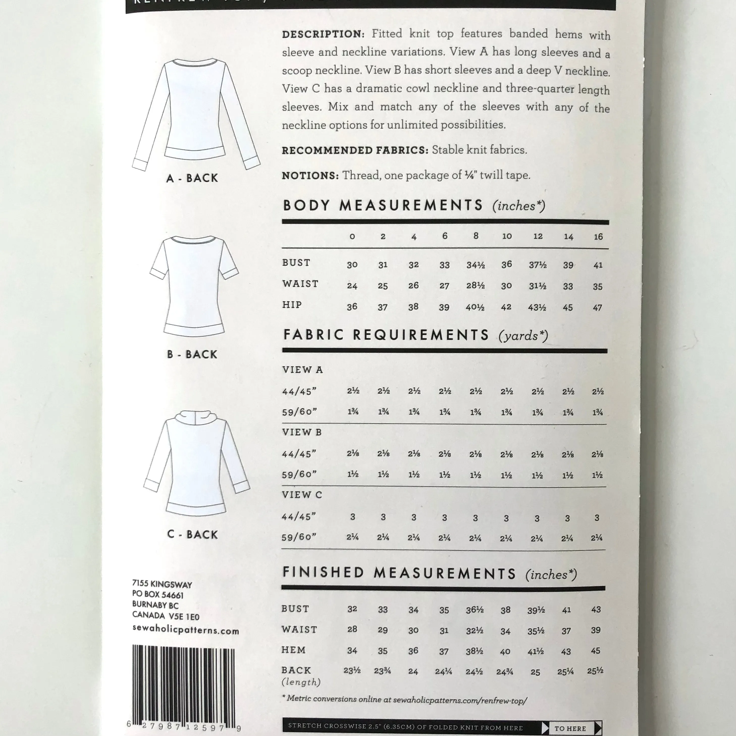 Sewaholic Patterns : Renfrew Top