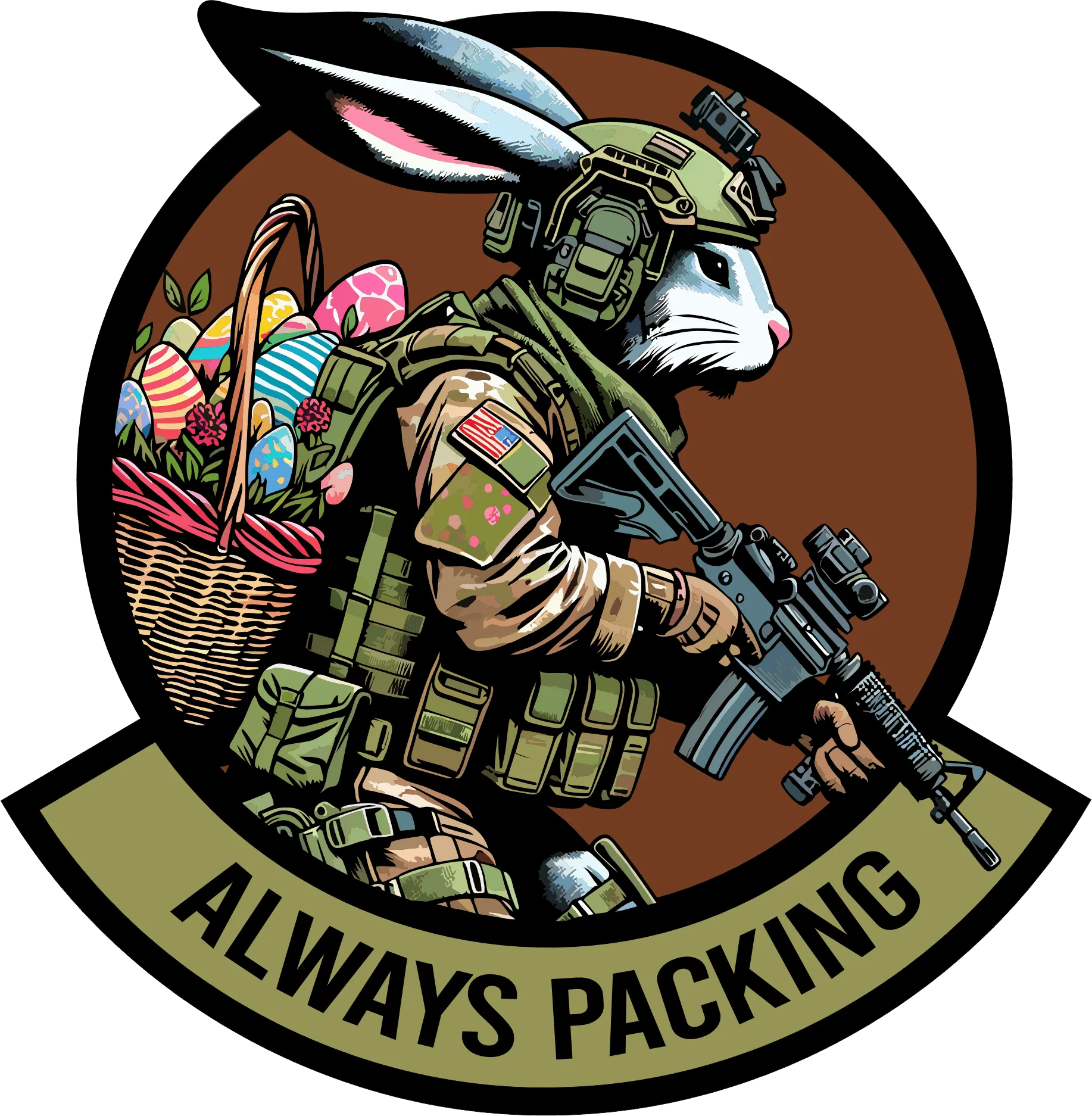 STICKER - April 2024 POTM - 'Always Packing' - OCP Tactical Battle Bunny 4" sticker - Bad Bunny Collection
