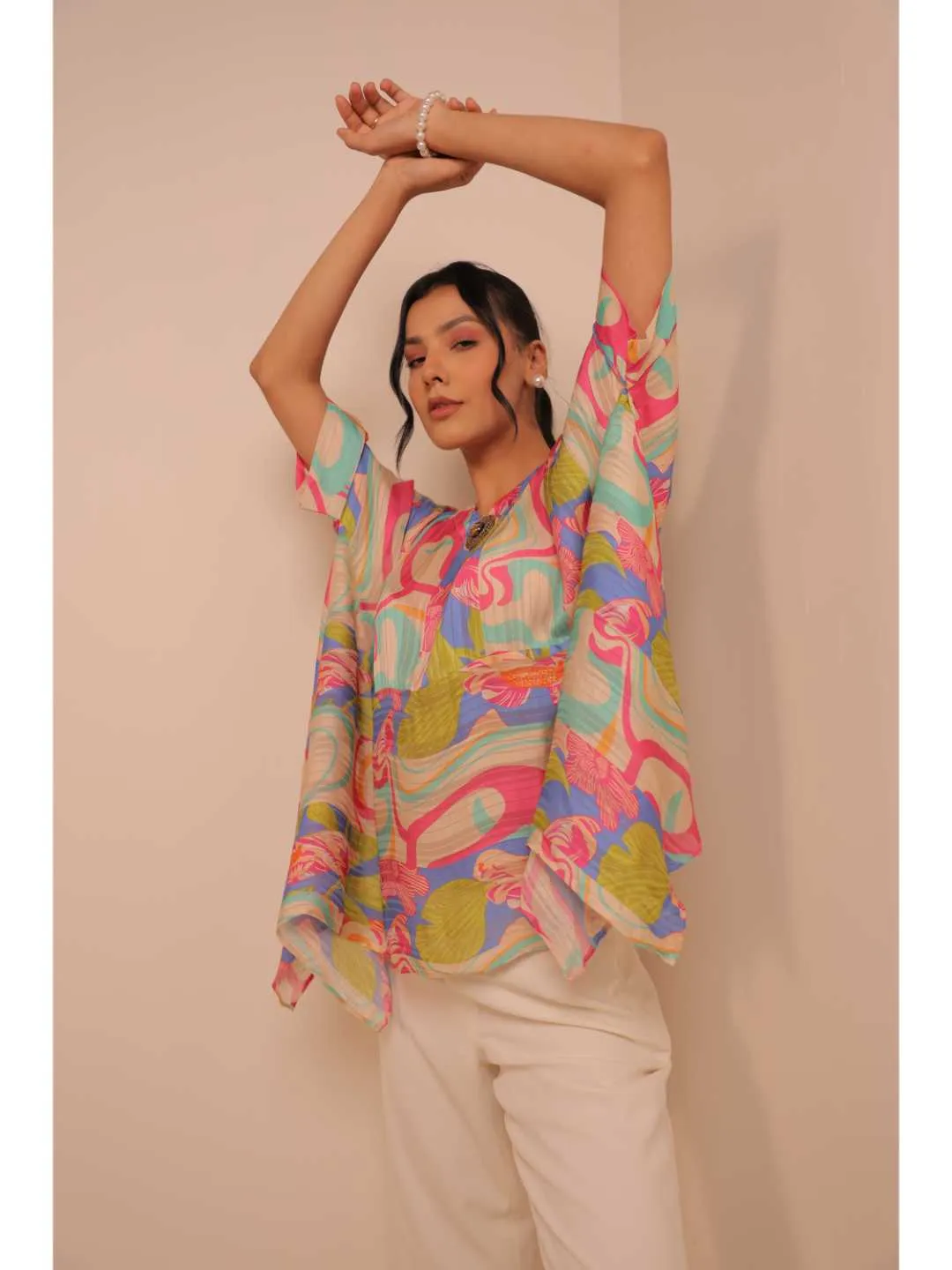 stylish viscose dobby stripped printed stylised asymmetric kaftan cuff sleeved top with value added broach - Multi