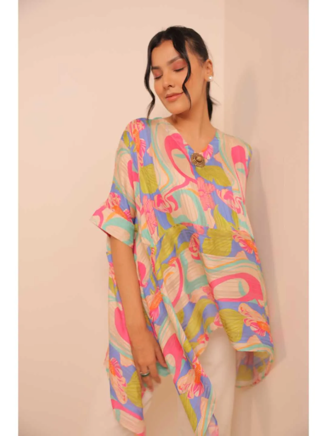 stylish viscose dobby stripped printed stylised asymmetric kaftan cuff sleeved top with value added broach - Multi