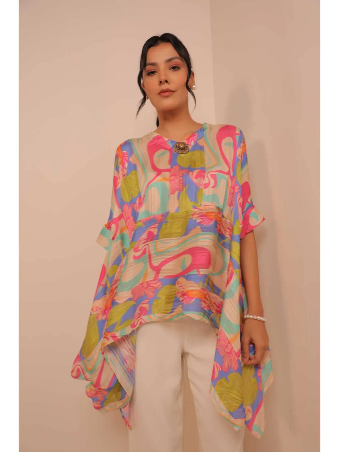 stylish viscose dobby stripped printed stylised asymmetric kaftan cuff sleeved top with value added broach - Multi
