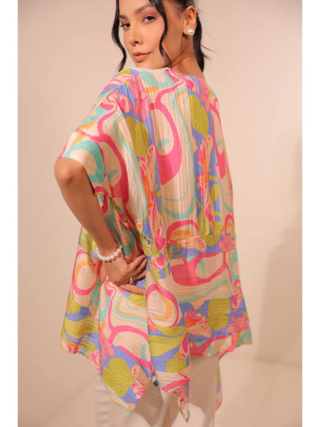 stylish viscose dobby stripped printed stylised asymmetric kaftan cuff sleeved top with value added broach - Multi