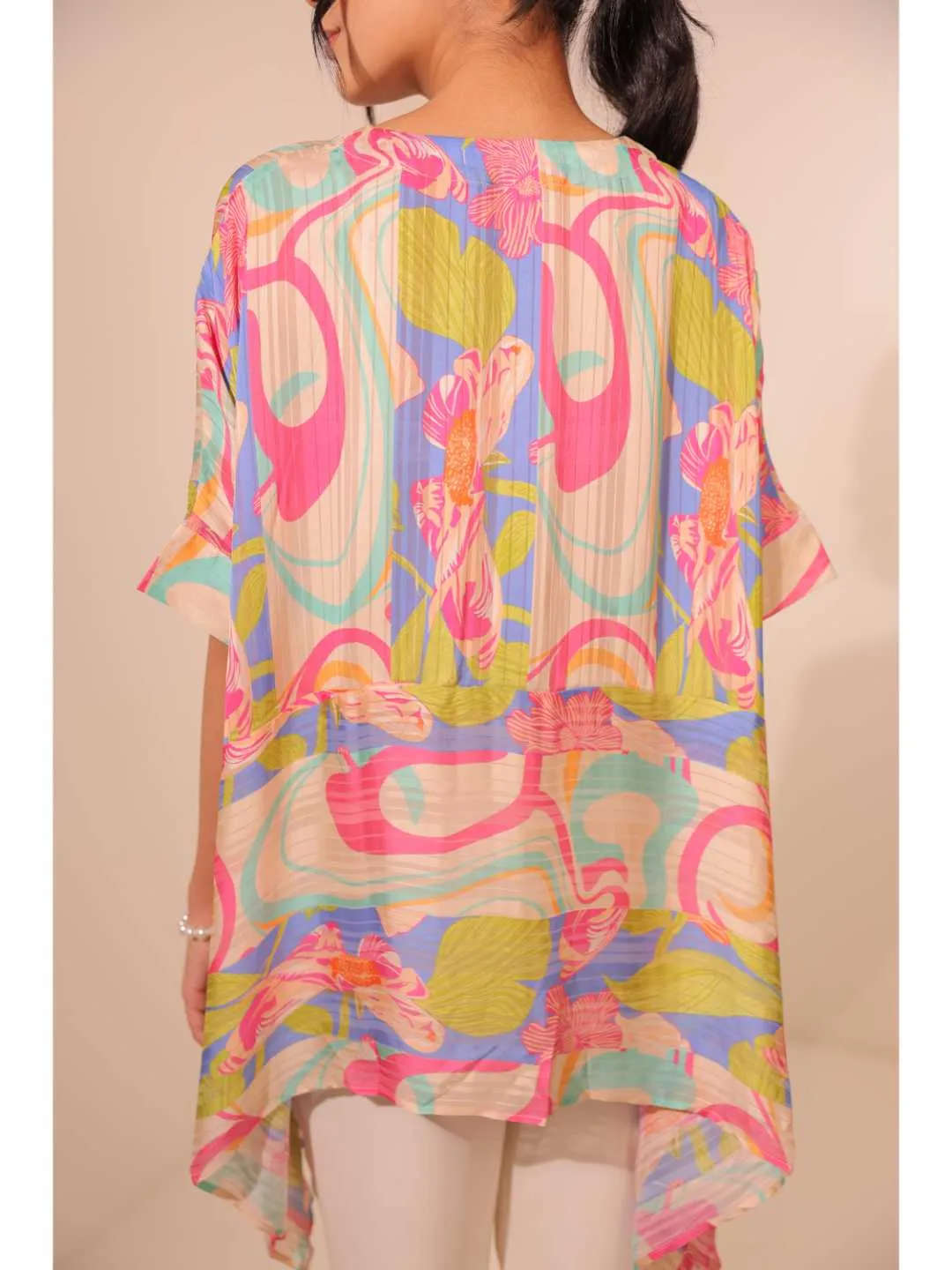 stylish viscose dobby stripped printed stylised asymmetric kaftan cuff sleeved top with value added broach - Multi