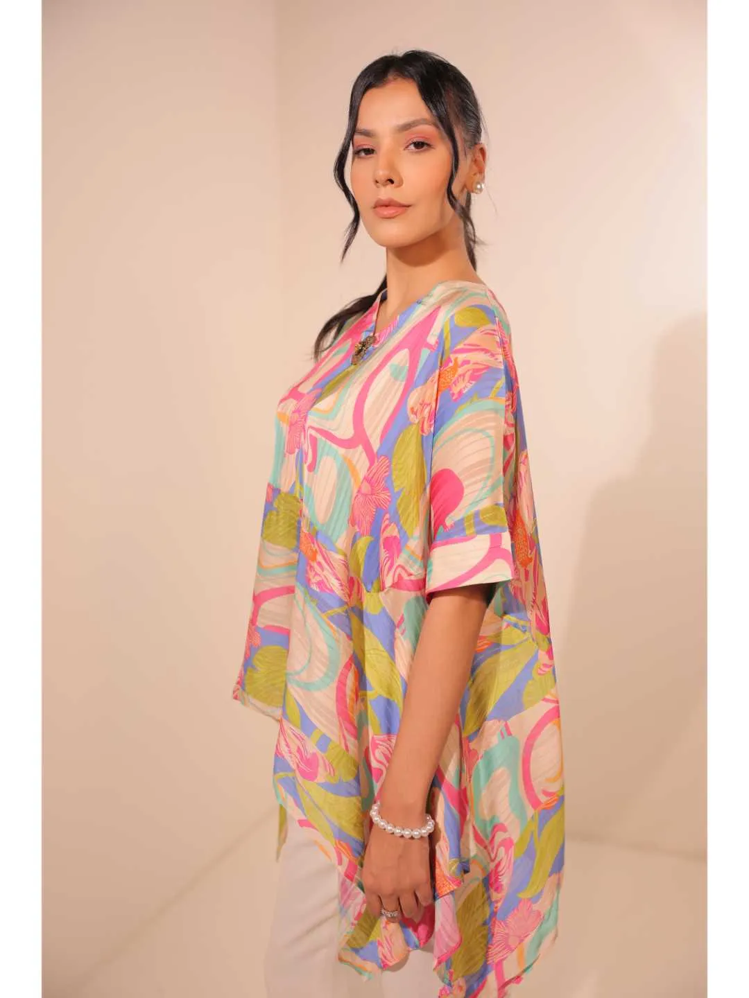 stylish viscose dobby stripped printed stylised asymmetric kaftan cuff sleeved top with value added broach - Multi