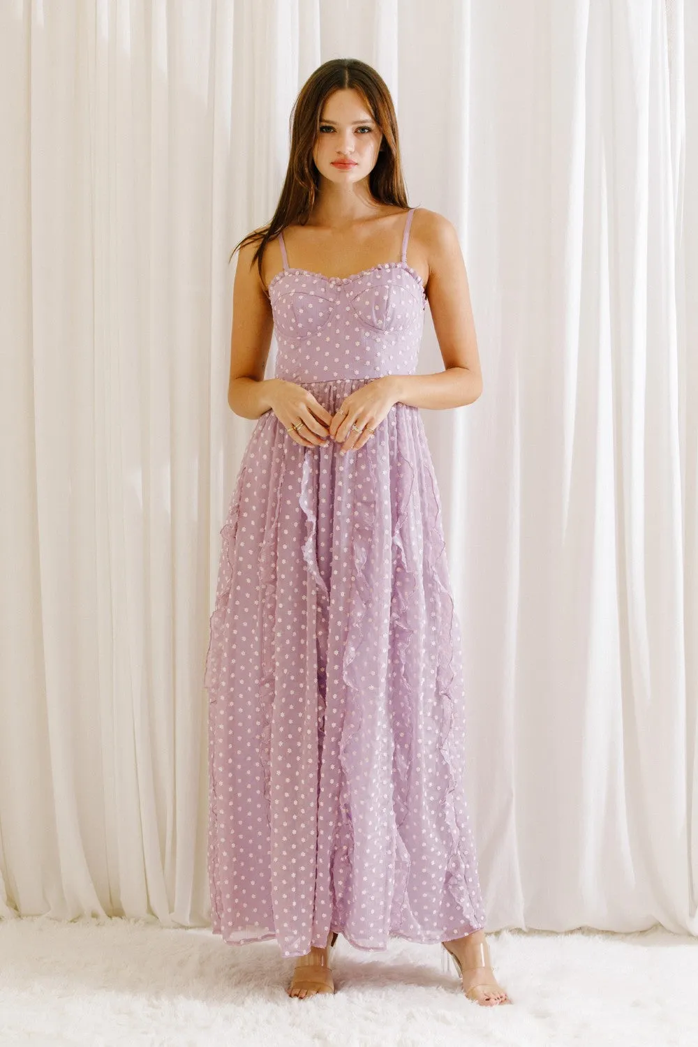 TINY EMBROIDERED DAISIES RUFFLED MAXI DRESS