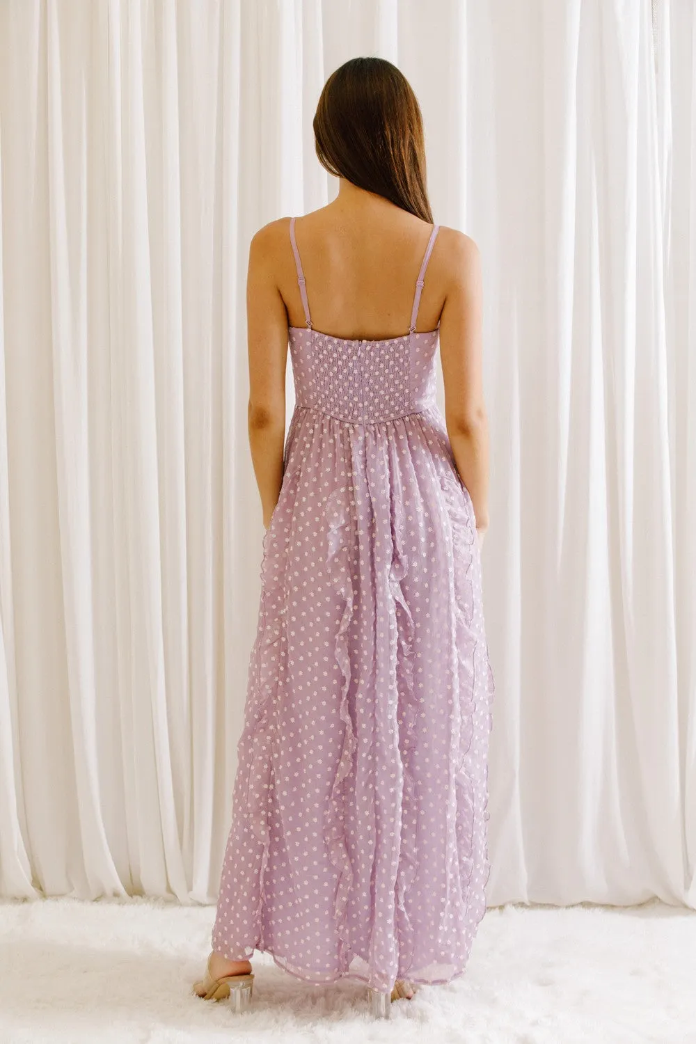 TINY EMBROIDERED DAISIES RUFFLED MAXI DRESS