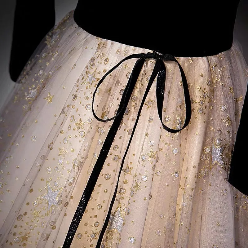 Unique Black Velvet Prom Dress with Glitter Bottom