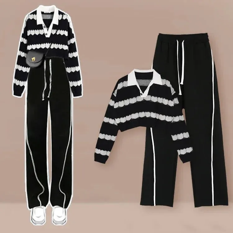 Vintage Love Heart Sweater Casual Pants Two Piece Set