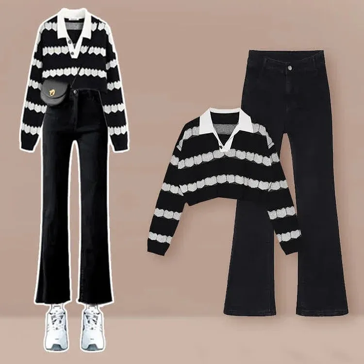 Vintage Love Heart Sweater Casual Pants Two Piece Set
