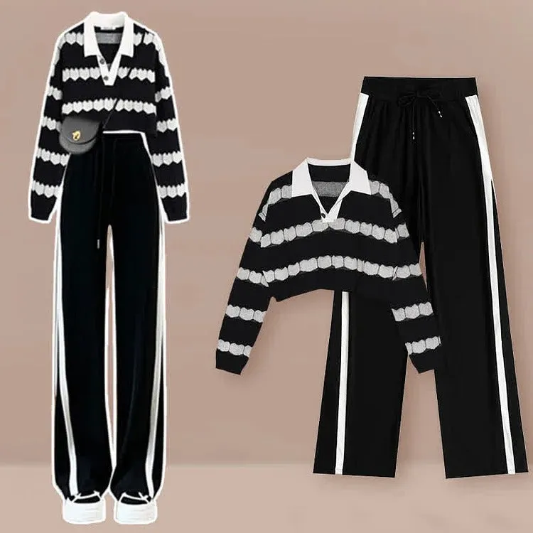 Vintage Love Heart Sweater Casual Pants Two Piece Set