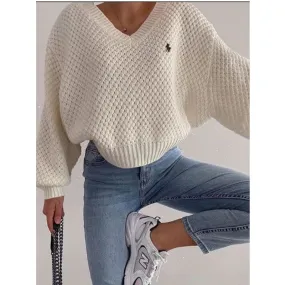 Voguable Pullovers Women Autumn Winter Sweaters Solid V-Neck Loose Casual Daily Basic Womens Knitted Turtleneck Long Sleeve Sweater