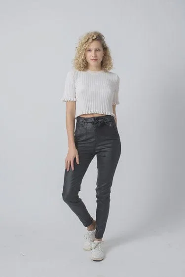 Wakee Denim Tie Up Jean Wet Look Coated - Black 7009