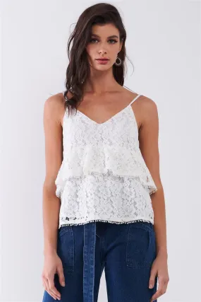 White Sleeveless Floral Crochet V-Neck Layered Relaxed Top /1-2-2-1