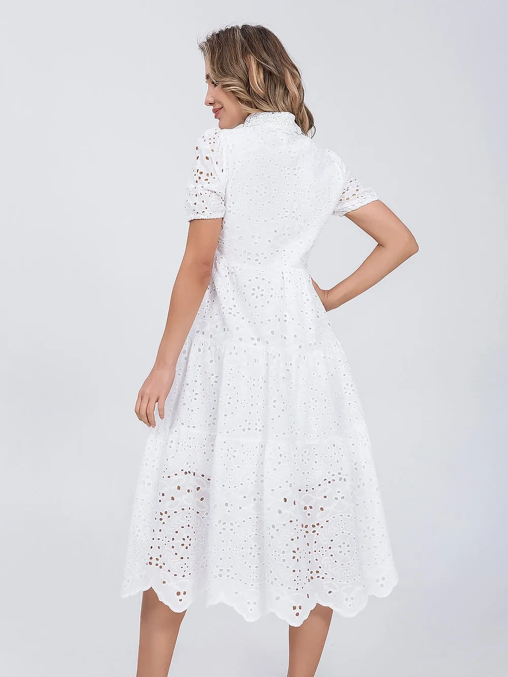 Women Cotton Hollow Out Summer White dress - WD8188