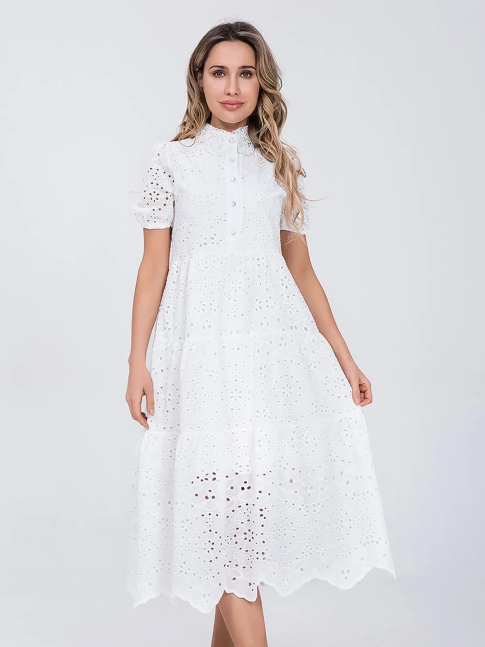Women Cotton Hollow Out Summer White dress - WD8188