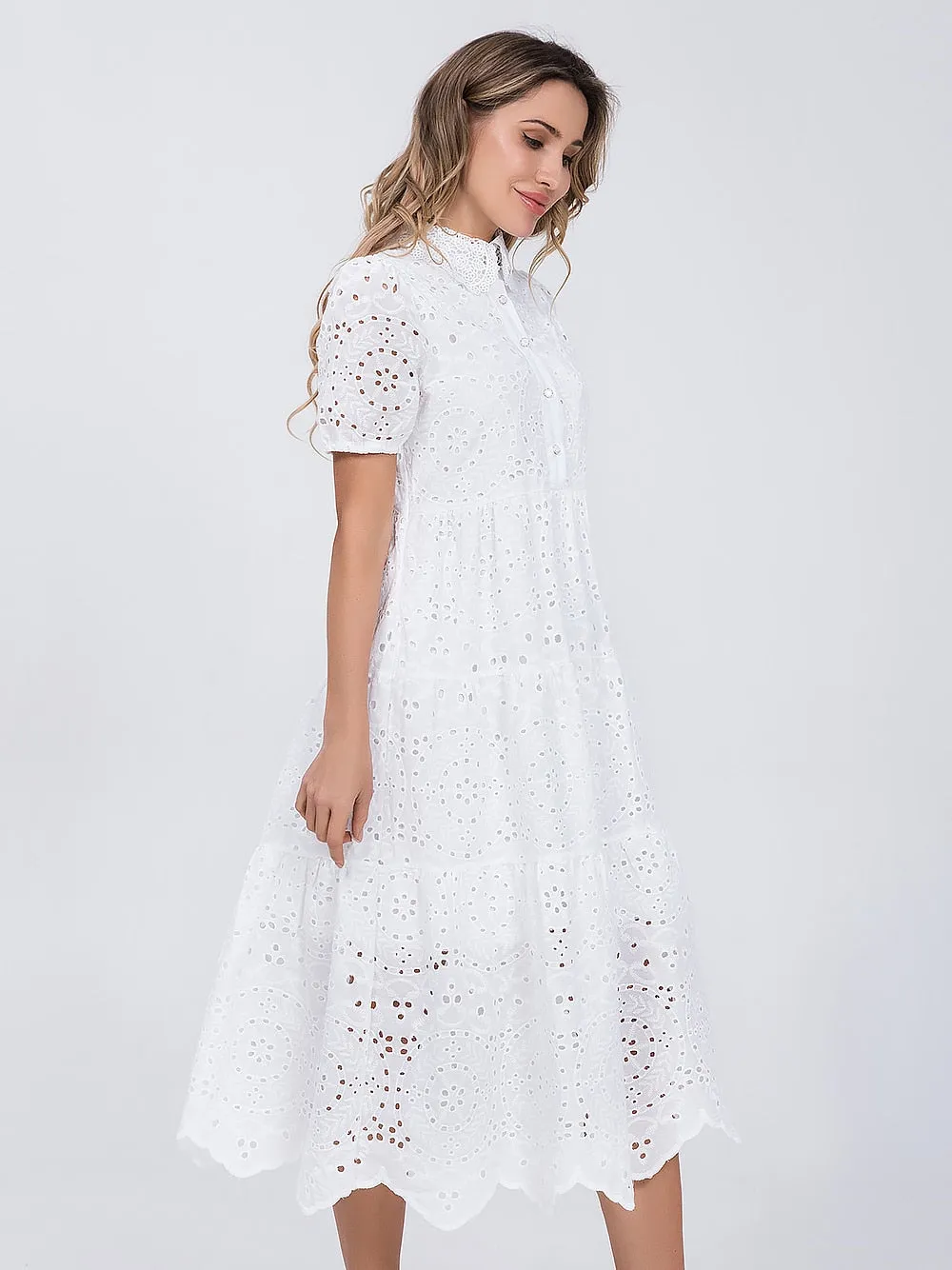 Women Cotton Hollow Out Summer White dress - WD8188
