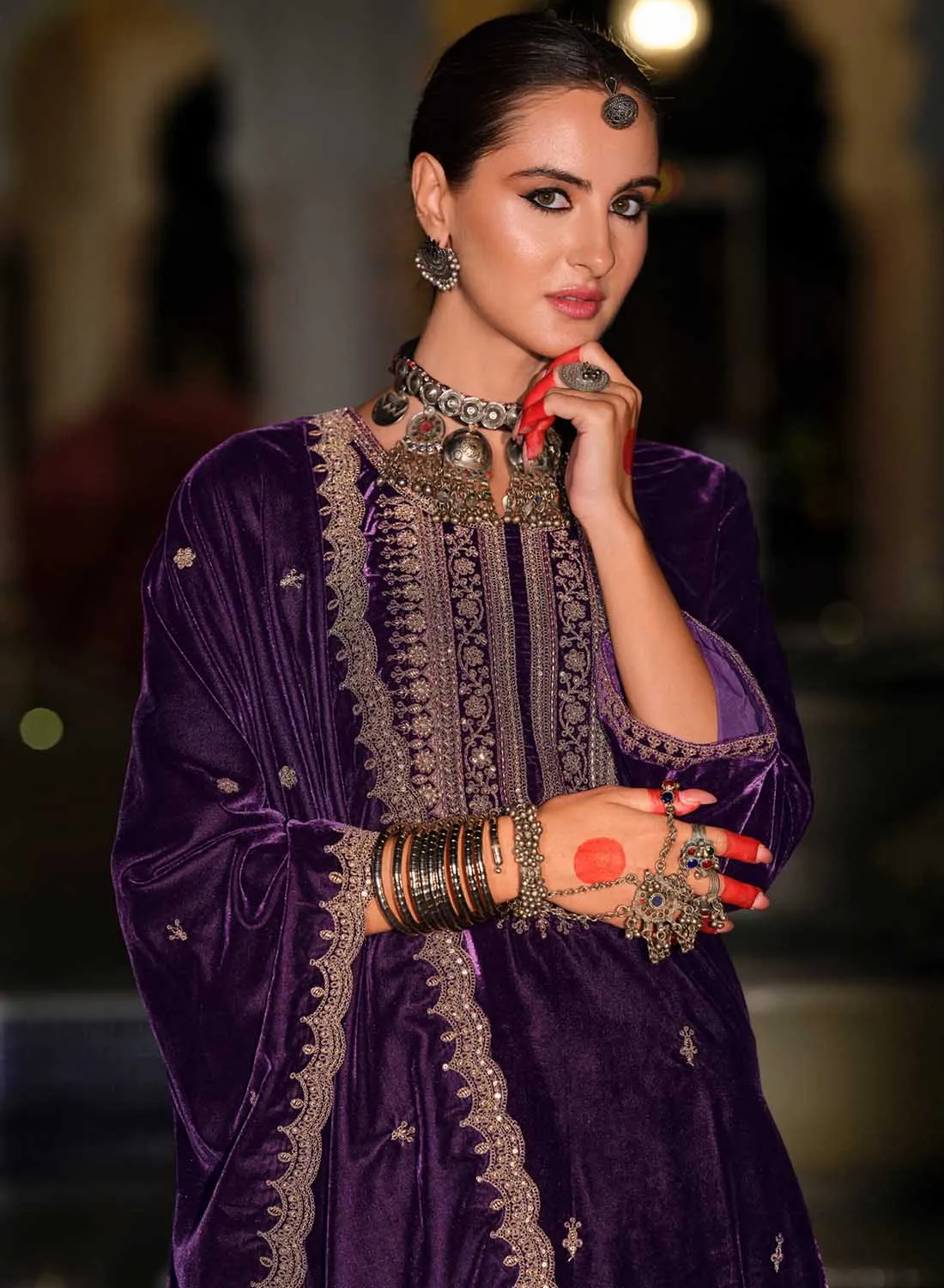 Women Party Wear Unstitched Winter Velvet Suit Dress Material with Embroidery