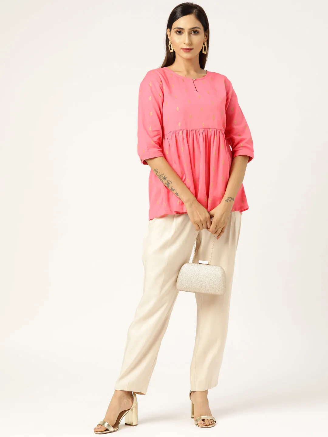 Women Pink Foil Print Peplum Top