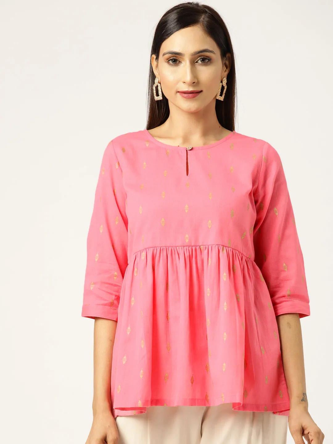 Women Pink Foil Print Peplum Top