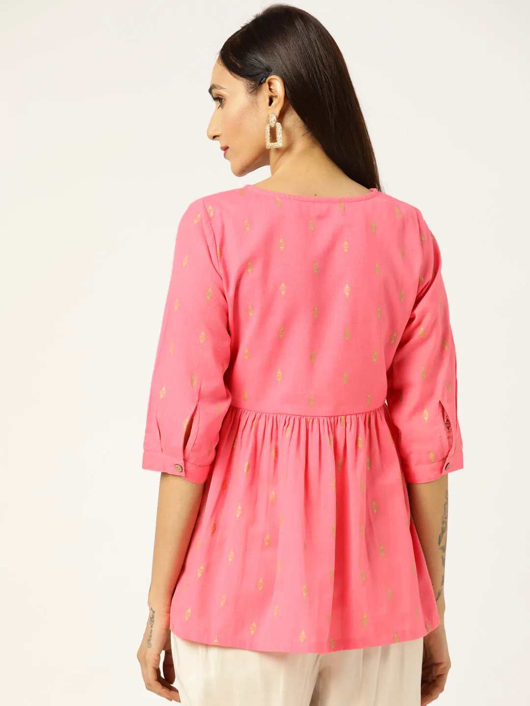 Women Pink Foil Print Peplum Top