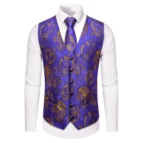 YourTies Purple Gold Paisley Vest Necktie Handkerchief Cufflinks Set