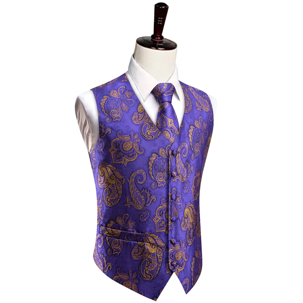 YourTies Purple Gold Paisley Vest Necktie Handkerchief Cufflinks Set