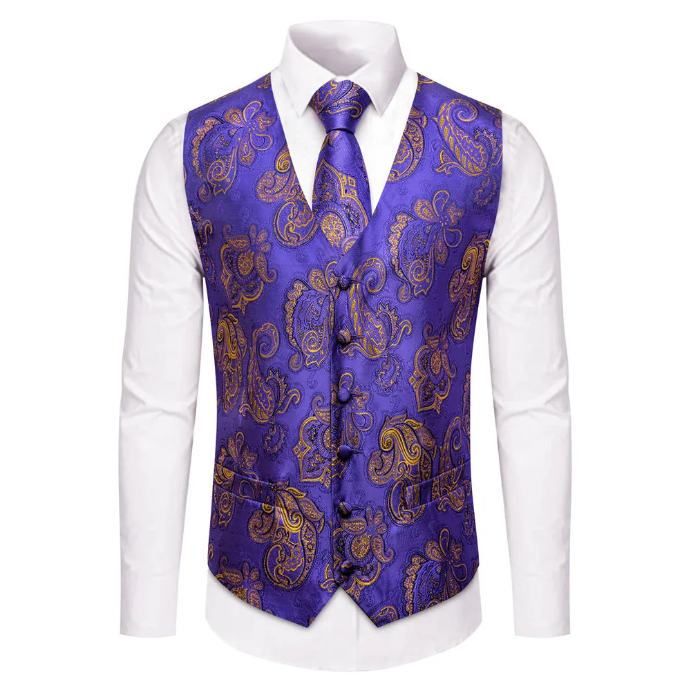 YourTies Purple Gold Paisley Vest Necktie Handkerchief Cufflinks Set