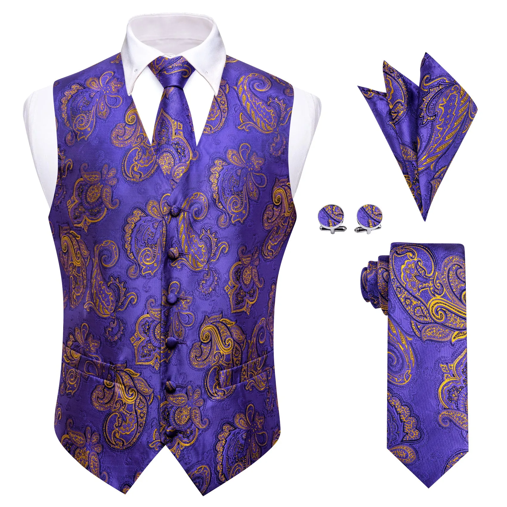 YourTies Purple Gold Paisley Vest Necktie Handkerchief Cufflinks Set