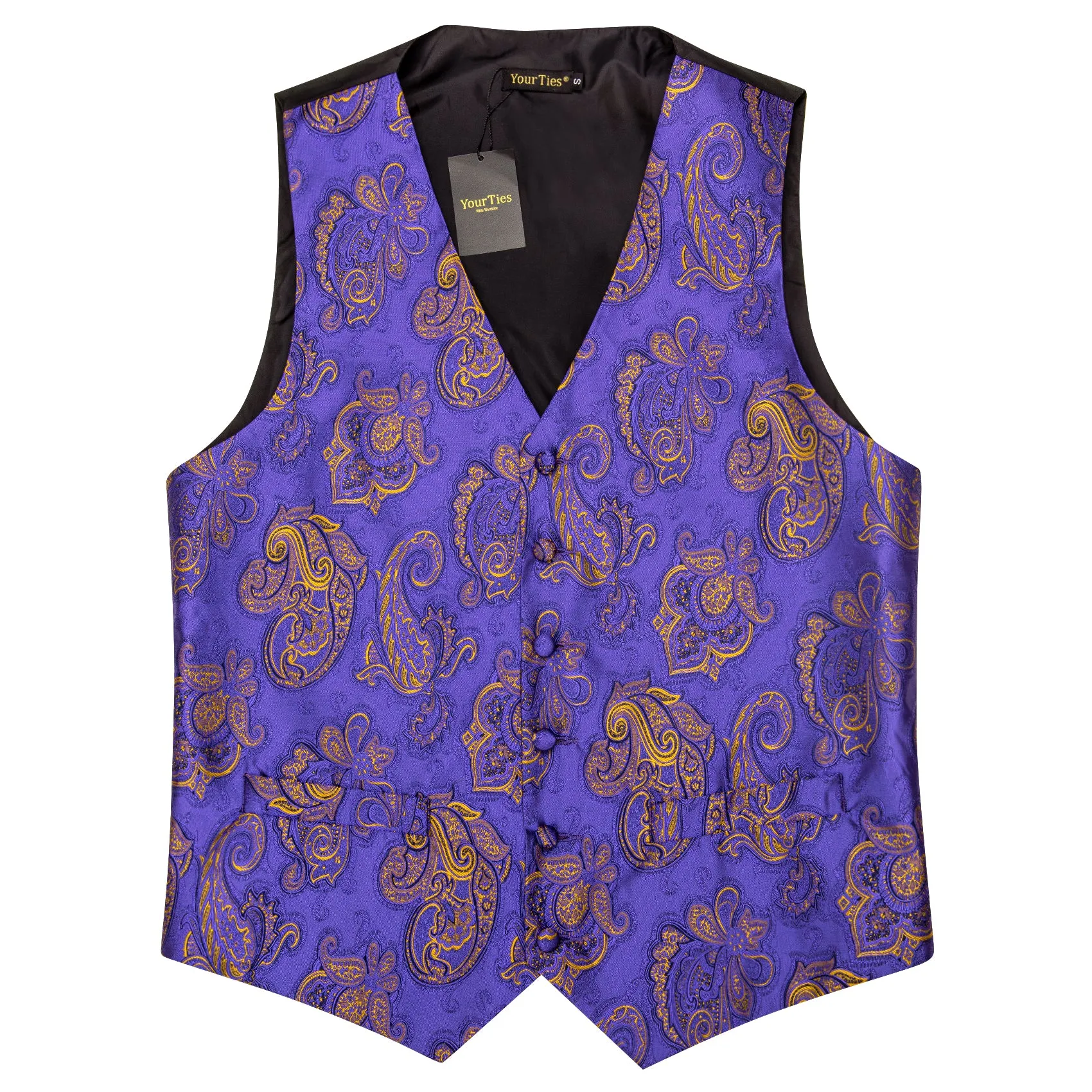 YourTies Purple Gold Paisley Vest Necktie Handkerchief Cufflinks Set